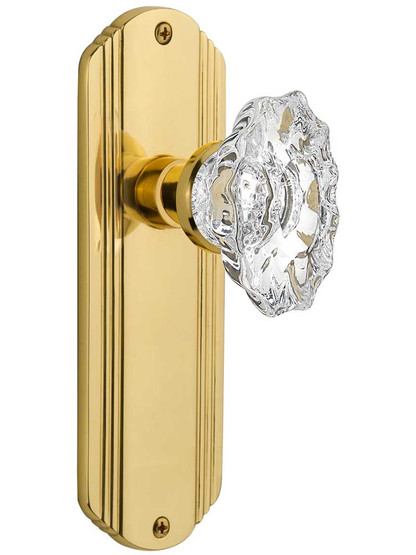 Streamline Deco Door Set with Chateau Crystal Glass Knobs in Polished Brass.